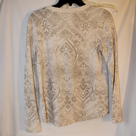 Sonoma Long Sleeve Crew Neck Cream Tan Print Sz S - Picture 2 of 5